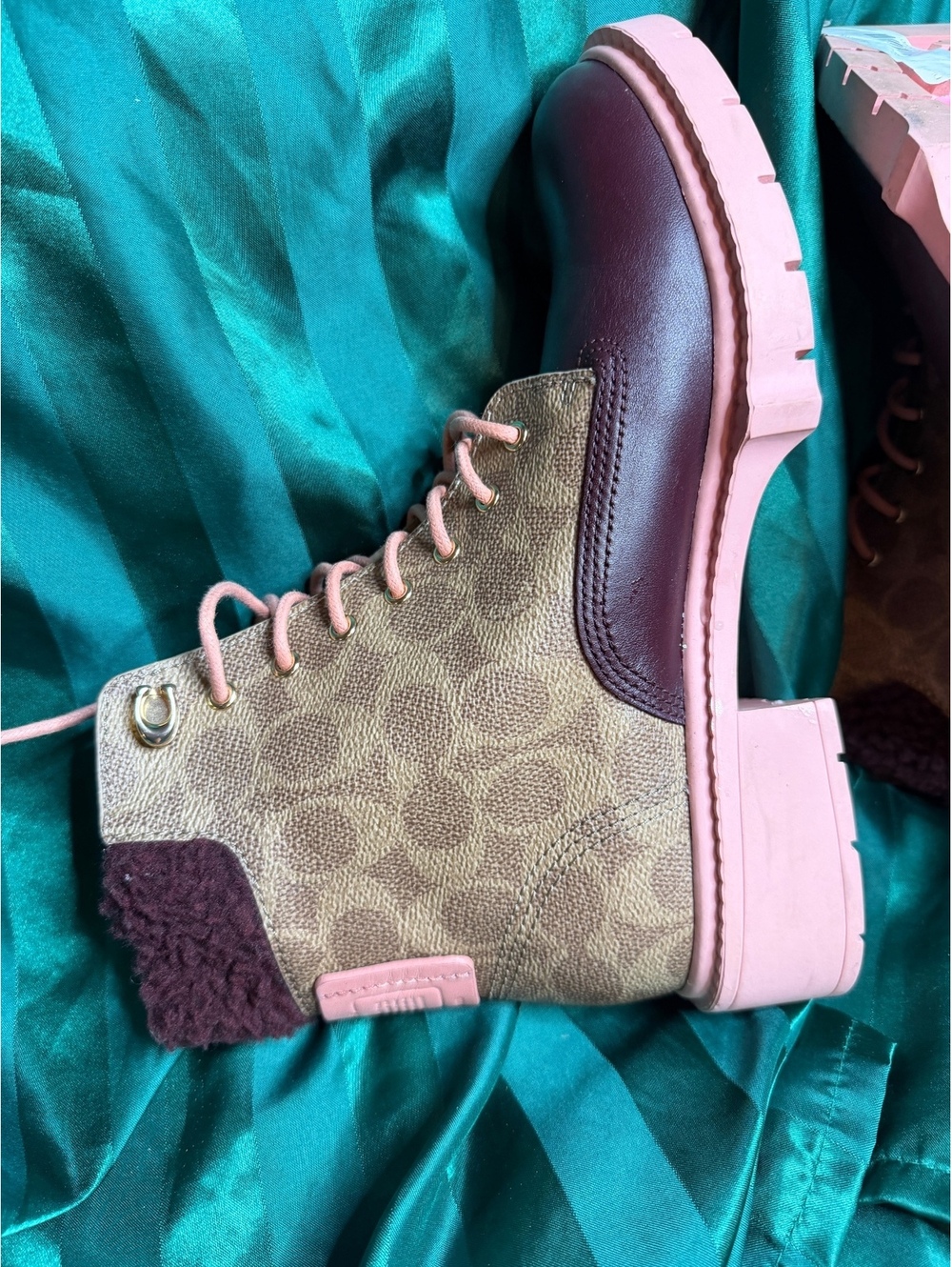 Coach Signature Canvas Shearling Ankle Boots Brown Pink Womens Size 6.5B